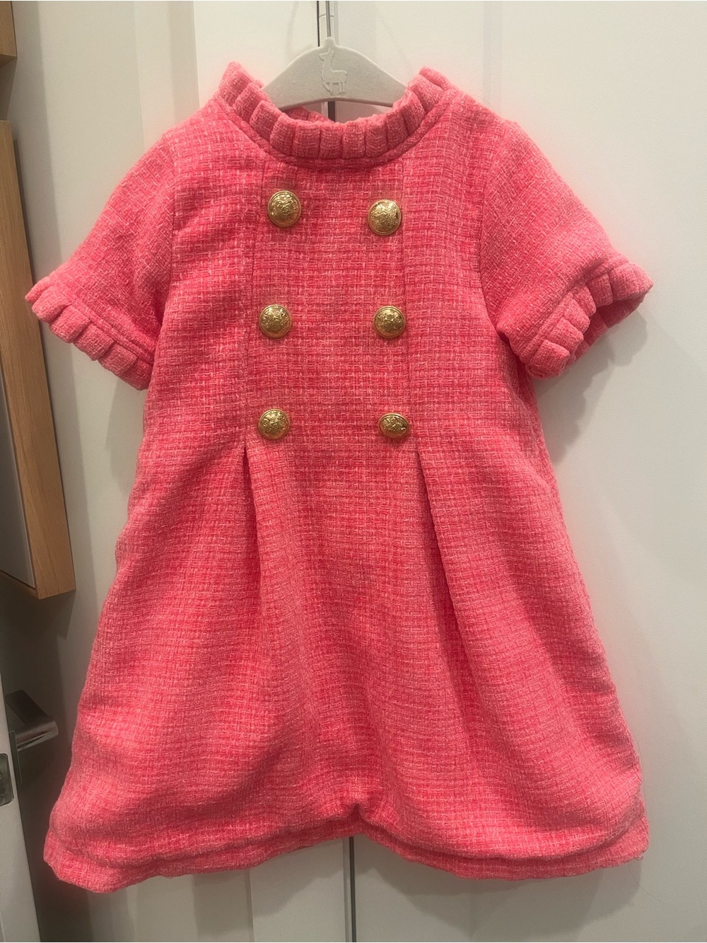 Pink Tweed Dress with Gold Buttons